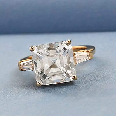 Asscher Cut Moissanite Trilogy Ring in Vermeil YG Plated Sterling Silver, 3 Stone Engagement Rings For Women, Promise Rings 5.85 ctw