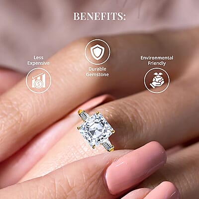 Asscher Cut Moissanite Trilogy Ring in Vermeil YG Plated Sterling Silver, 3 Stone Engagement Rings For Women, Promise Rings 5.85 ctw
