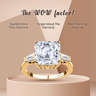 Asscher Cut Moissanite Trilogy Ring in Vermeil YG Plated Sterling Silver, 3 Stone Engagement Rings For Women, Promise Rings 5.85 ctw