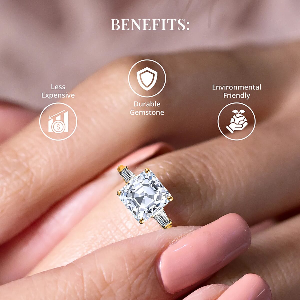 Asscher Cut Moissanite Trilogy Ring in Vermeil YG Plated Sterling Silver, 3 Stone Engagement Rings For Women, Promise Rings 5.85 ctw image number 3