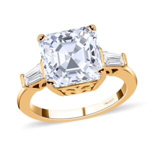 Asscher Cut Moissanite Trilogy Ring in Vermeil YG Plated Sterling Silver, 3 Stone Engagement Rings For Women 5.85 ctw