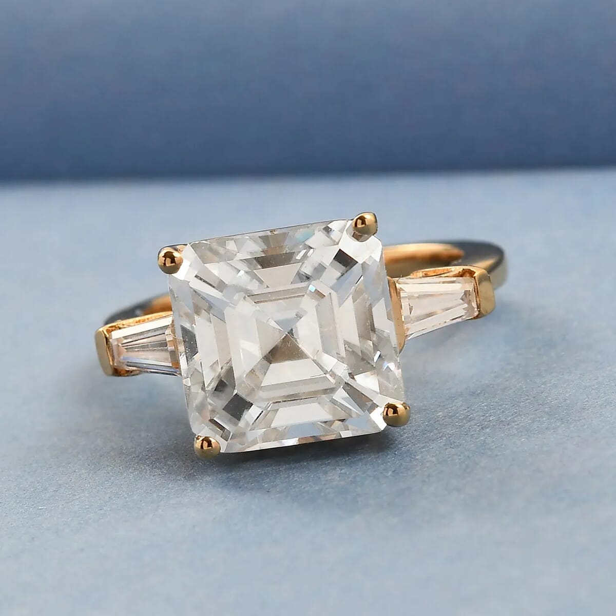 Asscher Cut Moissanite Trilogy Ring in Vermeil YG Plated Sterling Silver, 3 Stone Engagement Rings For Women 5.85 ctw image number 1