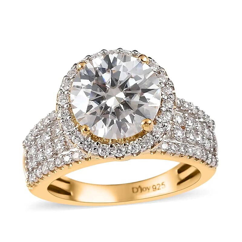 100 Facet Moissanite Ring, Vermeil Yellow Gold Over Sterling Silver Ring, Moissanite Halo Ring, Promise Ring, Cocktail Rings 4.15 ctw (Size 10.0)