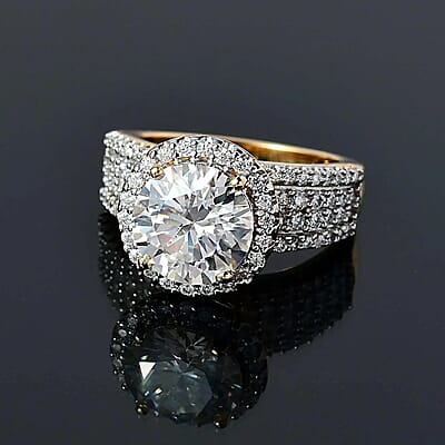100 Facet Moissanite Ring, Vermeil Yellow Gold Over Sterling Silver Ring, Moissanite Halo Ring, Promise Ring, Cocktail Rings 4.15 ctw (Size 10.0)