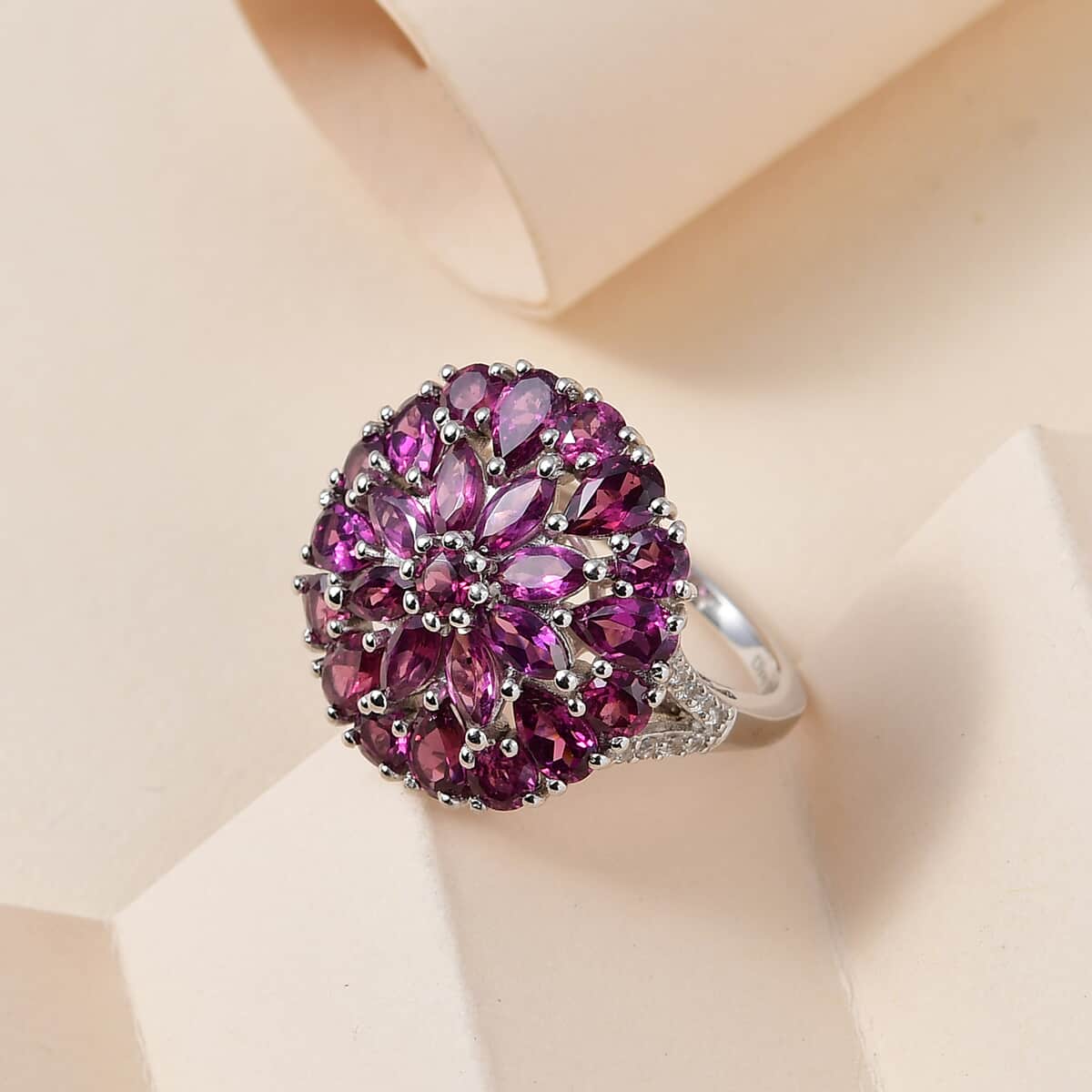 Orissa Rhodolite Garnet and White Zircon Floral Ring in Platinum Over Sterling Silver (Size 6.0) 5.10 ctw image number 1
