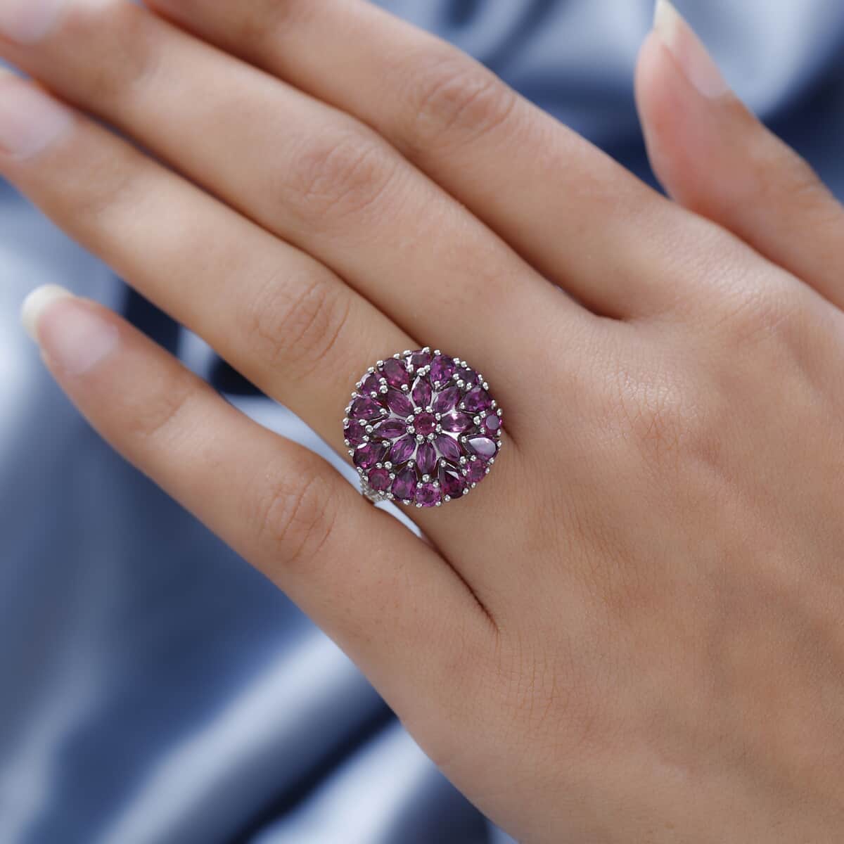 Orissa Rhodolite Garnet and White Zircon Floral Ring in Platinum Over Sterling Silver (Size 6.0) 5.10 ctw image number 2