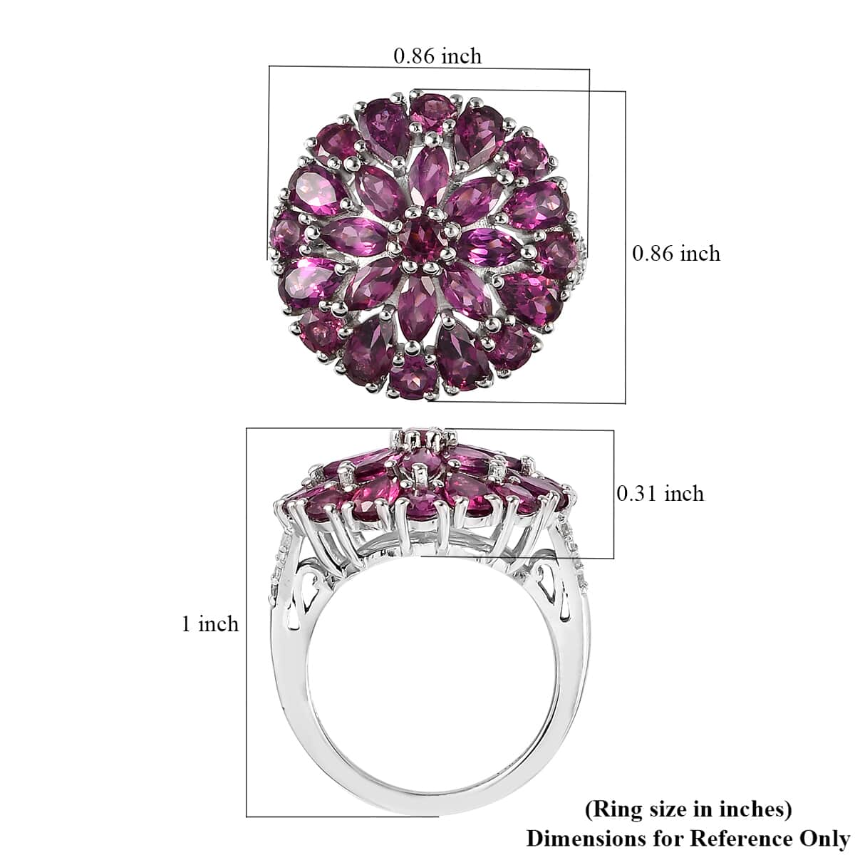 Orissa Rhodolite Garnet and White Zircon Floral Ring in Platinum Over Sterling Silver (Size 6.0) 5.10 ctw image number 5