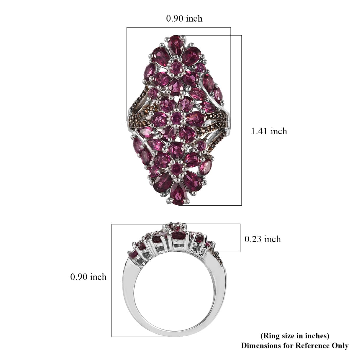 Orissa Rhodolite Garnet and Brown Zircon Floral Ring in Platinum Over Sterling Silver (Size 5.0) 5.75 ctw image number 5