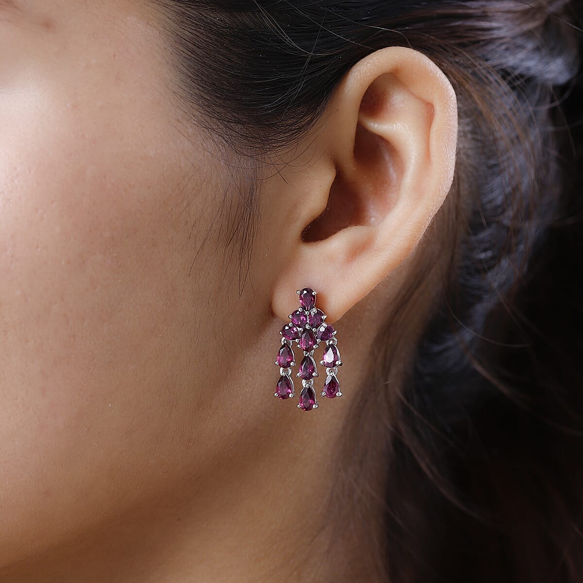 Orissa Rhodolite Garnet Chandelier Earrings in Platinum Over Sterling Silver 5.65 ctw image number 2