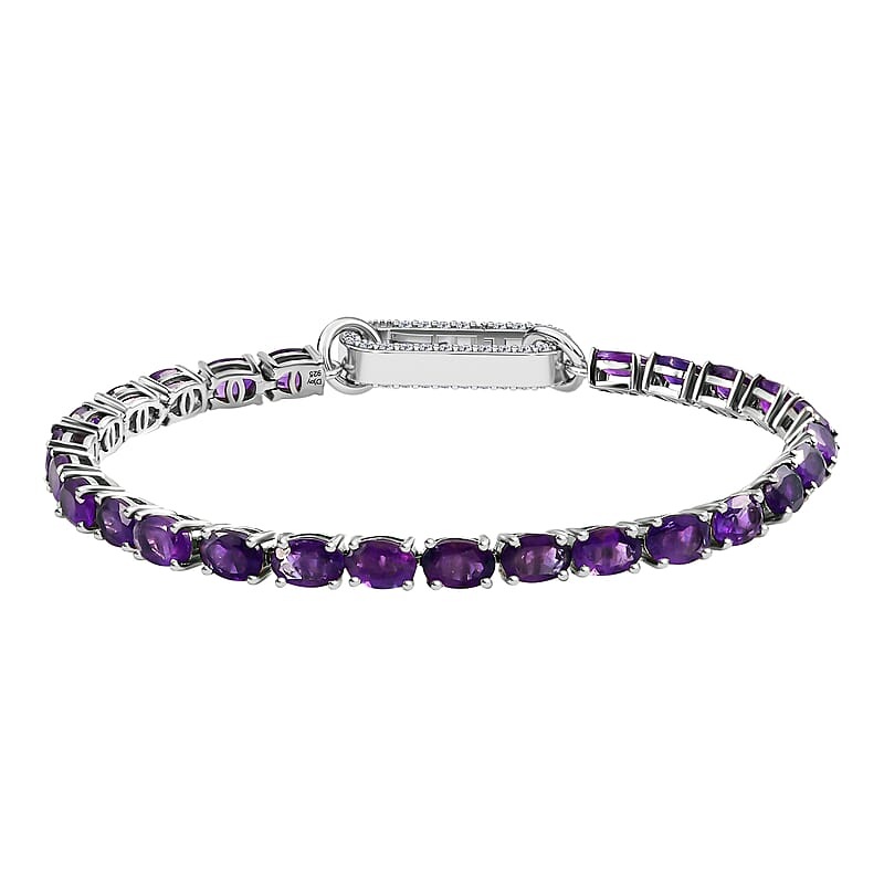 Amethyst 11.85 ctw Tennis Bracelet Platinum Over Sterling Silver, Customizable Gifts, Simulated Diamond Charm Enhancer Lock (7.25 In)