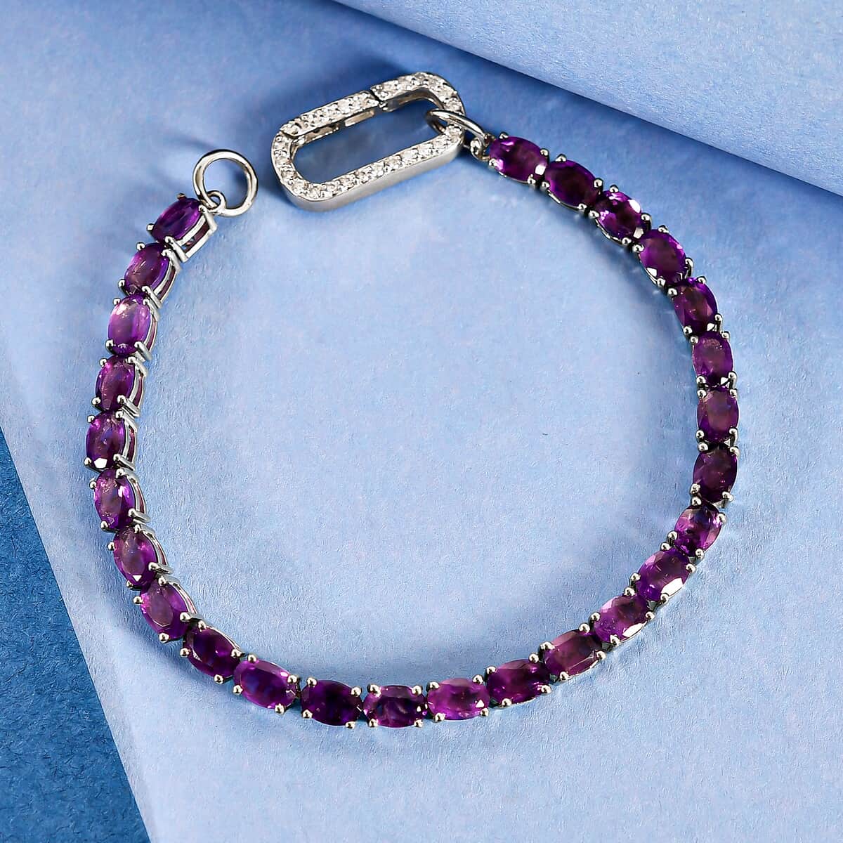 Amethyst Tennis Bracelet Platinum Over Sterling Silver, Customizable Gifts, Simulated Diamond Charm Enhancer Lock (7.25 In) 11.85 ctw image number 1