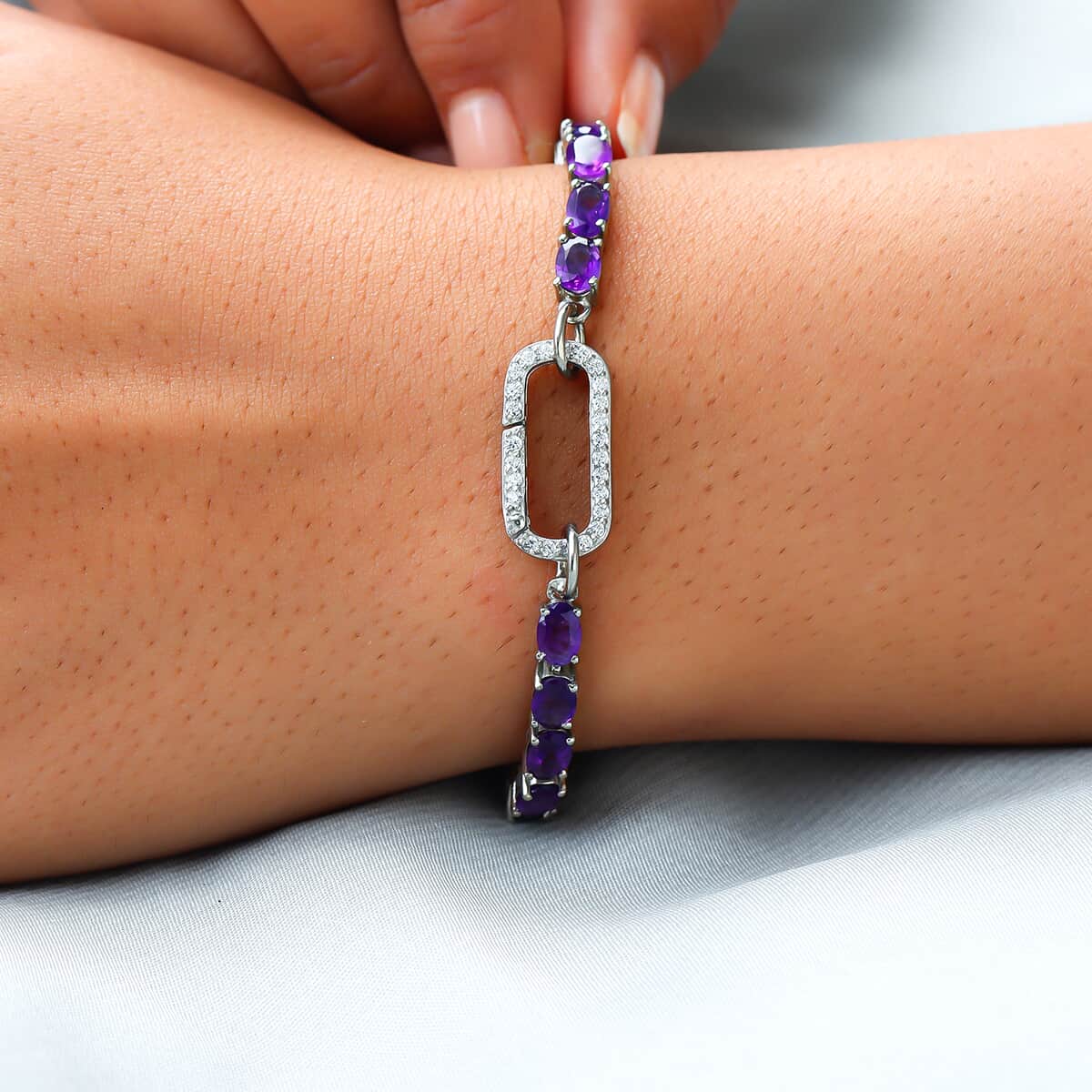 Amethyst Tennis Bracelet Platinum Over Sterling Silver, Customizable Gifts, Simulated Diamond Charm Enhancer Lock (7.25 In) 11.85 ctw image number 3