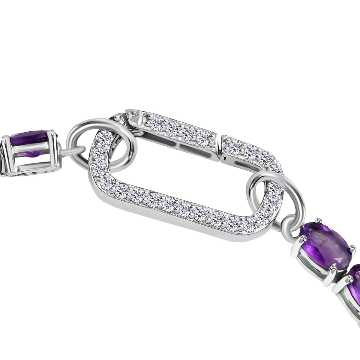Amethyst Tennis Bracelet Platinum Over Sterling Silver, Customizable Gifts, Simulated Diamond Charm Enhancer Lock (7.25 In) 11.85 ctw image number 4