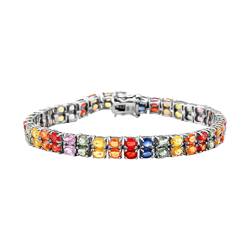 Multi Sapphire Bracelet in Platinum Over Sterling Silver, Silver Tennis Bracelet,Birthday Gifts (7.25 In) 19.00 ctw