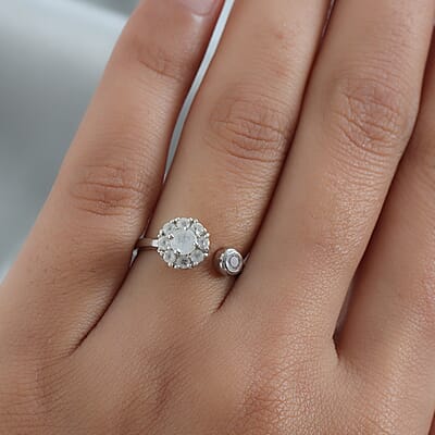 Kuisa Rainbow Moonstone Birthstone Anxiety Spinner Openable Band Ring in Platinum Over Sterling Silver (Adjustable Size 9-11) 0.70 ctw (Size 11)