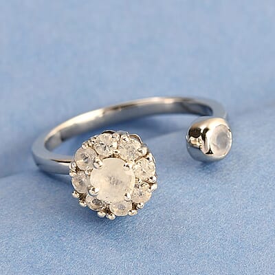 Kuisa Rainbow Moonstone Birthstone Anxiety Spinner Openable Band Ring in Platinum Over Sterling Silver (Adjustable Size 9-11) 0.70 ctw (Size 12)