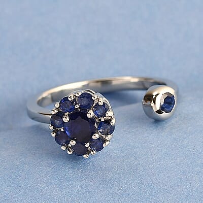 Masoala Sapphire (D) September Birthstone Anxiety Spinner Openable Band Ring in Platinum Over Sterling Silver (Large Adjustable Size 9-11) (Size 5.0) 1.10 ctw