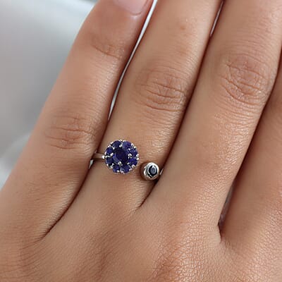Masoala Sapphire (D) September Birthstone Anxiety Spinner Openable Band Ring in Platinum Over Sterling Silver (Large Adjustable Size 9-11) 1.10 ctw