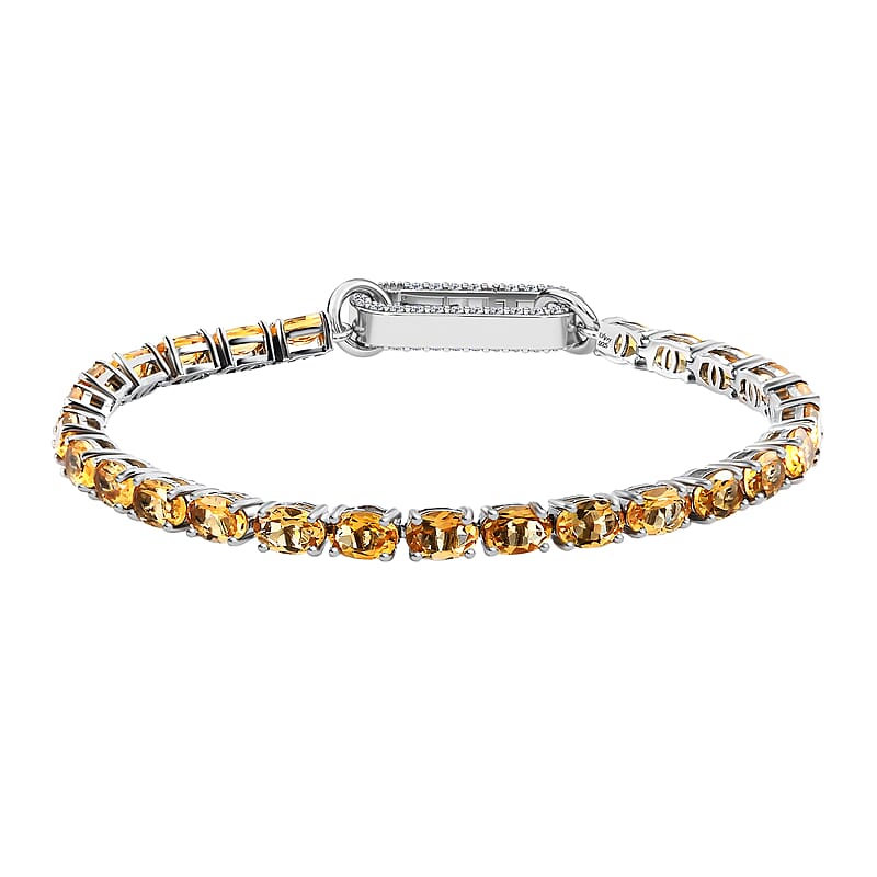 D'Joy Brazilian Citrine 11.85 ctw Tennis Bracelet Platinum Over Sterling Silver, Customizable Gifts, Simulated Diamond Charm Enhancer Lock (7.25 In)