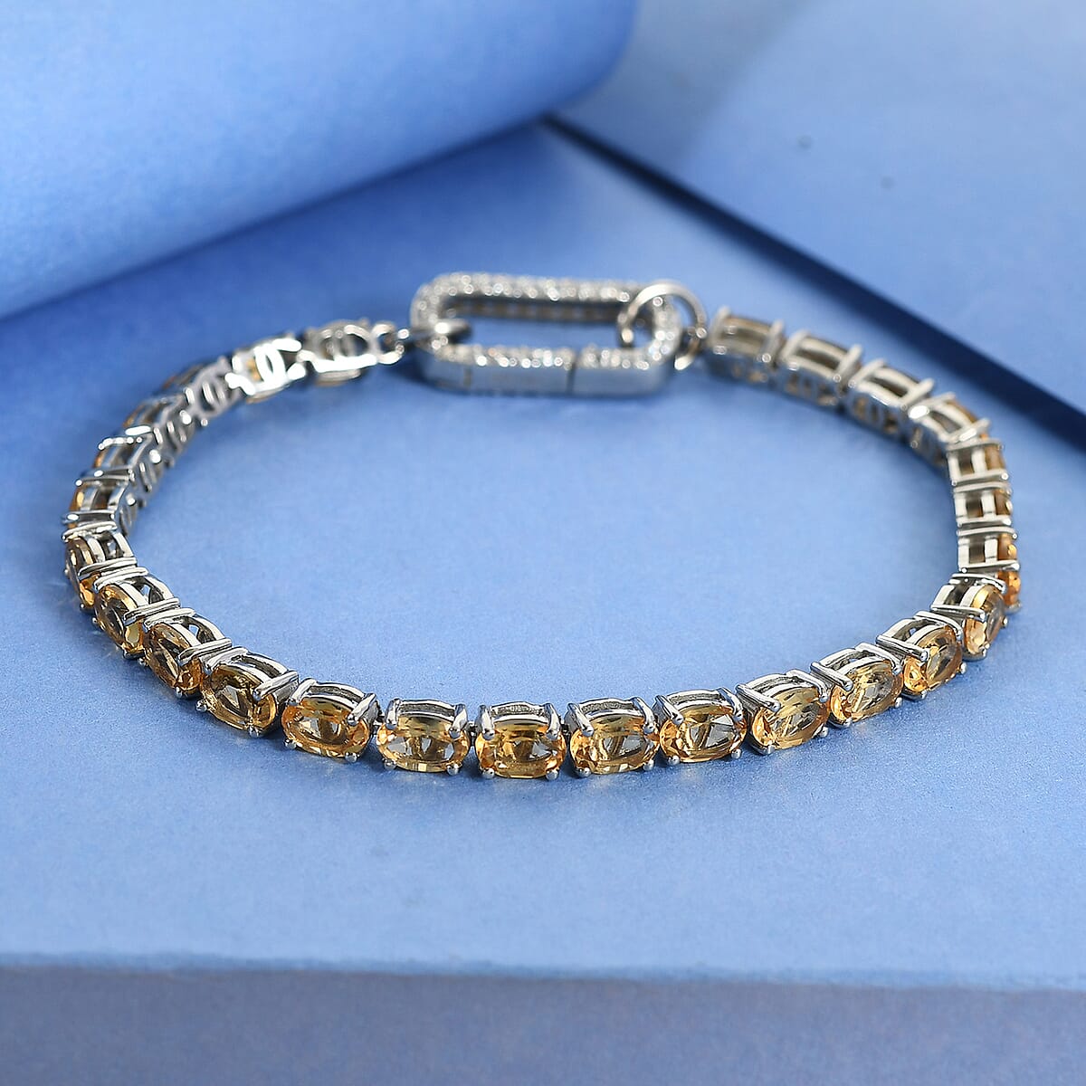 Brazilian Citrine 11.85 ctw Tennis Bracelet Platinum Over Sterling Silver, Customizable Gifts, Simulated Diamond Charm Enhancer Lock (7.25 In) image number 1