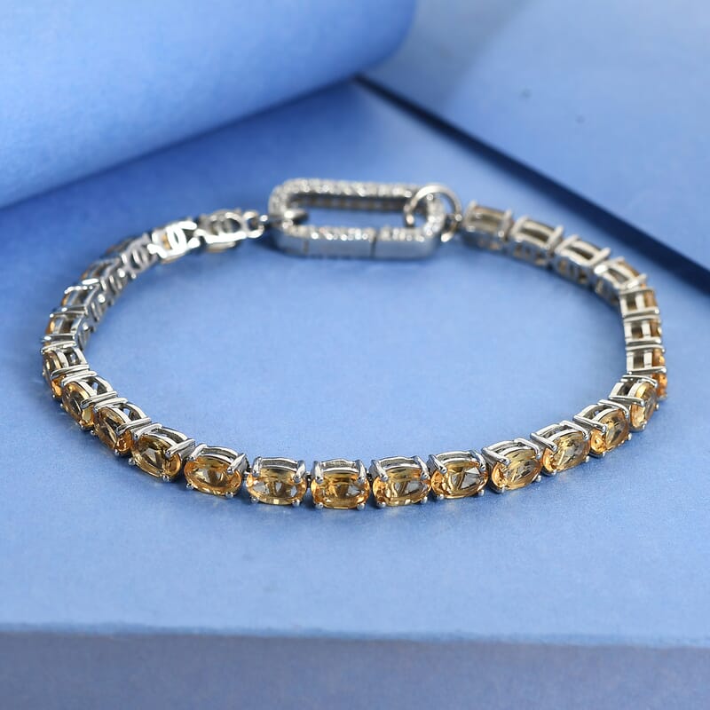 D'Joy Brazilian Citrine 11.85 ctw Tennis Bracelet Platinum Over Sterling Silver, Customizable Gifts, Simulated Diamond Charm Enhancer Lock (7.25 In)