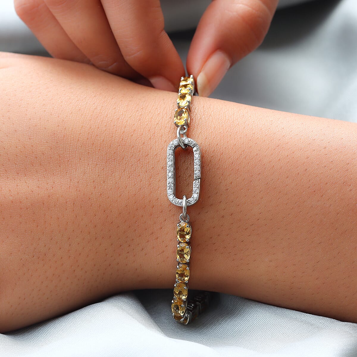 Brazilian Citrine 11.85 ctw Tennis Bracelet Platinum Over Sterling Silver, Customizable Gifts, Simulated Diamond Charm Enhancer Lock (7.25 In) image number 2