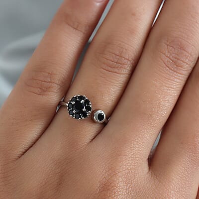 Australian Black Tourmaline Birthstone Anxiety Spinner Openable Band Ring in Platinum Over Sterling Silver (Adjustable Size 9-11) 0.70 ctw (Size 11)