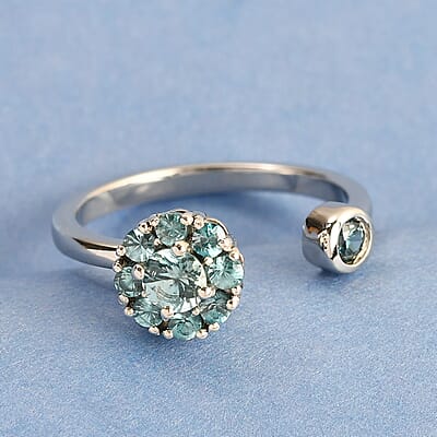 Cambodian Blue Zircon December Birthstone Anxiety Spinner Openable Band Ring in Platinum Over Sterling Silver (Medium Adjustable Size 6-8) (Size 11.0) 1.15 ctw