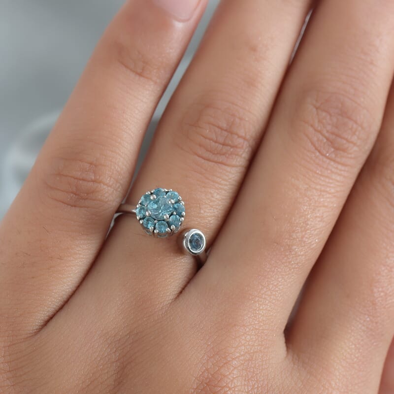 Cambodian Blue Zircon December Birthstone Anxiety Spinner Openable Band Ring in Platinum Over Sterling Silver (Medium Adjustable Size 6-8) (Size 9.0) 1.15 ctw