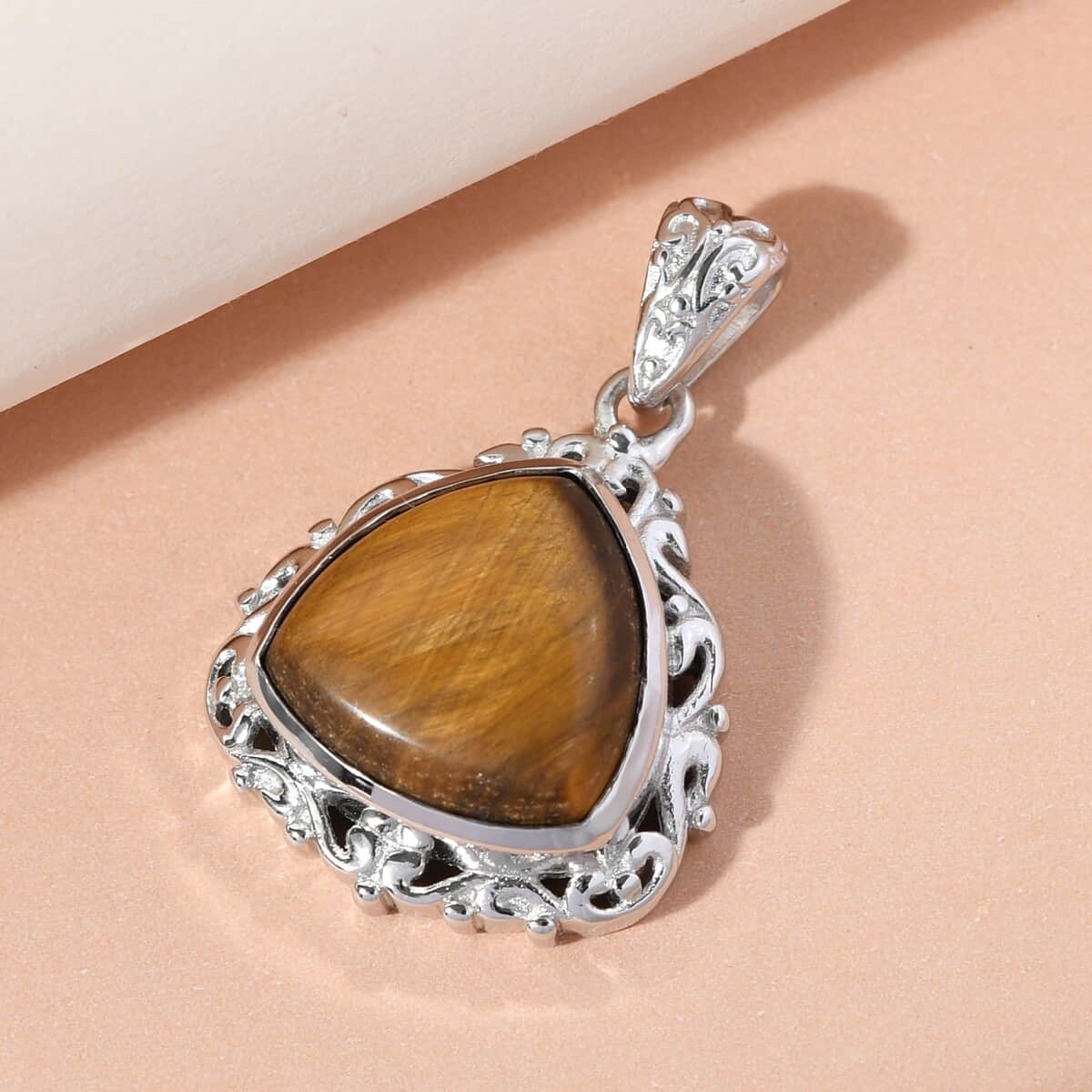 Tiger's Eye Solitaire Pendant in Platinum Over Copper with Magnet 11.30 ctw image number 1