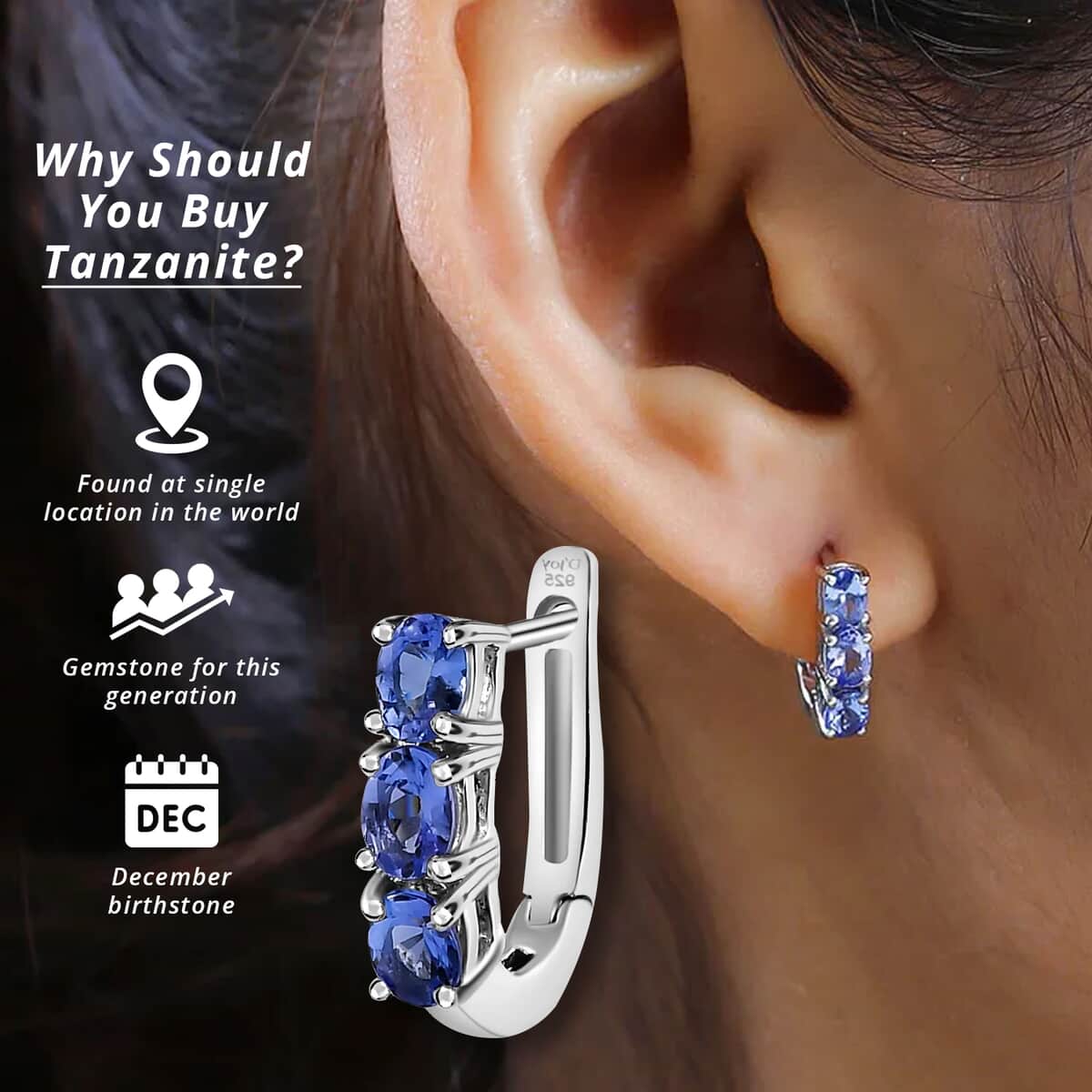 AAA Tanzanite Huggie Hoop Earrings in Platinum Over Sterling Silver 1.00 ctw image number 2