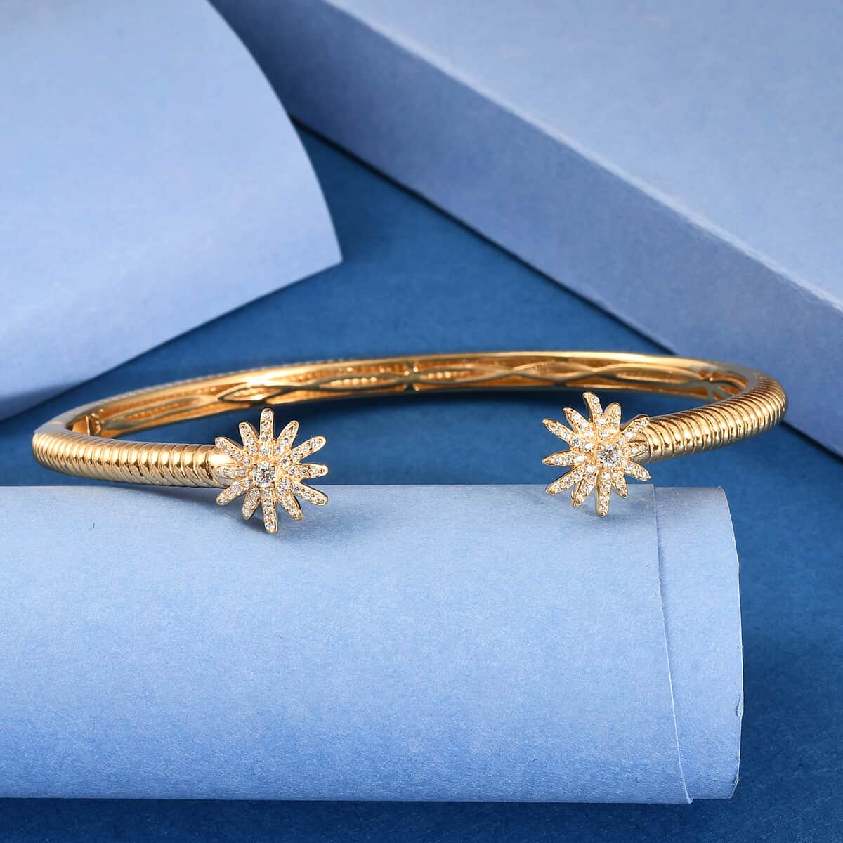 Tis the Season to Sparkle Jewelry Gift Set with Simulated Diamond Starburst Bangle Bracelet in 14K Yellow Gold Over Over Sterling Silver (7.25 In) 21.65 Grams 0.85 ctw image number 3