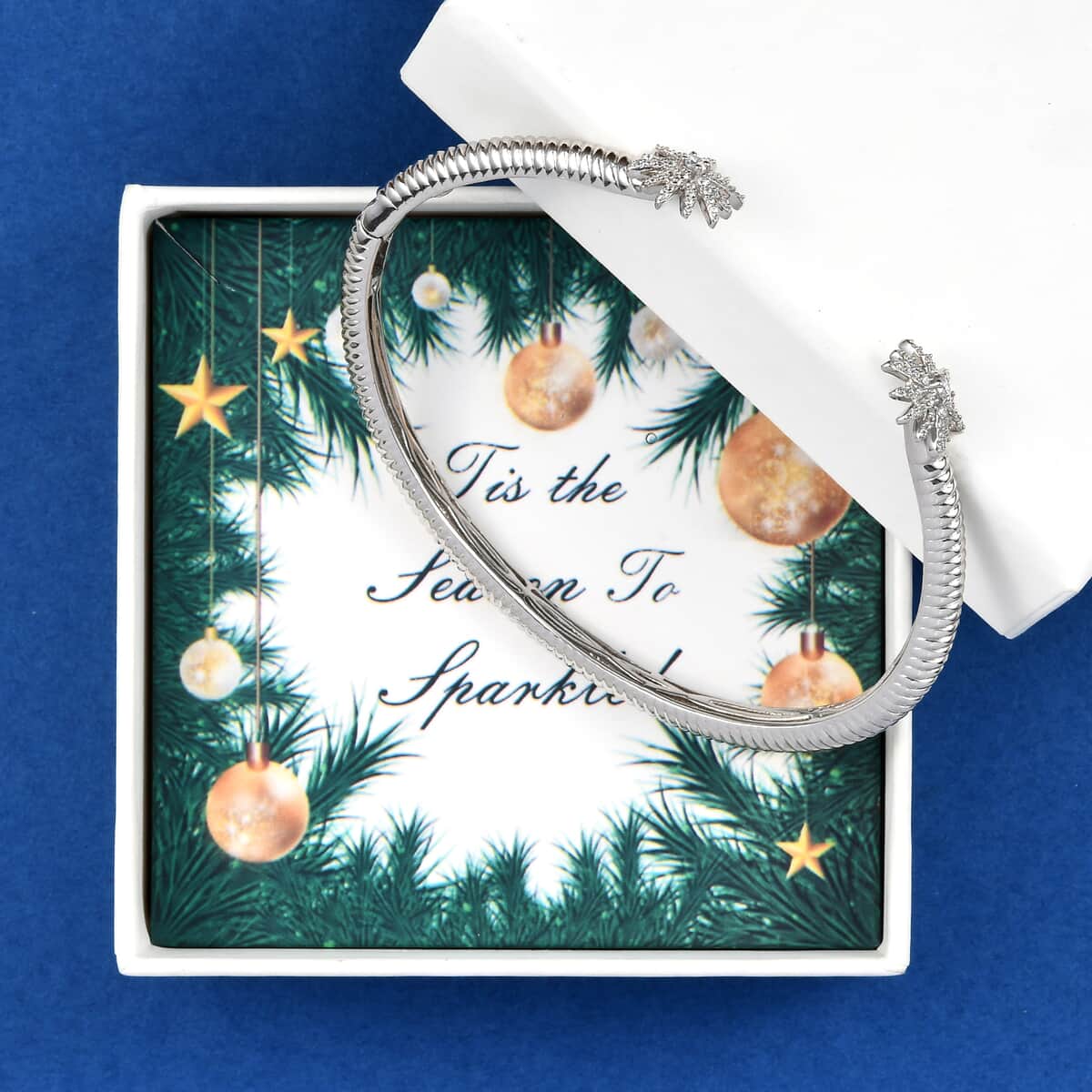 Tis the Season to Sparkle Jewelry Gift Set with Simulated Diamond Bangle Bracelet in Platinum Over Sterling Silver (7.25 In) 0.85 ctw image number 0