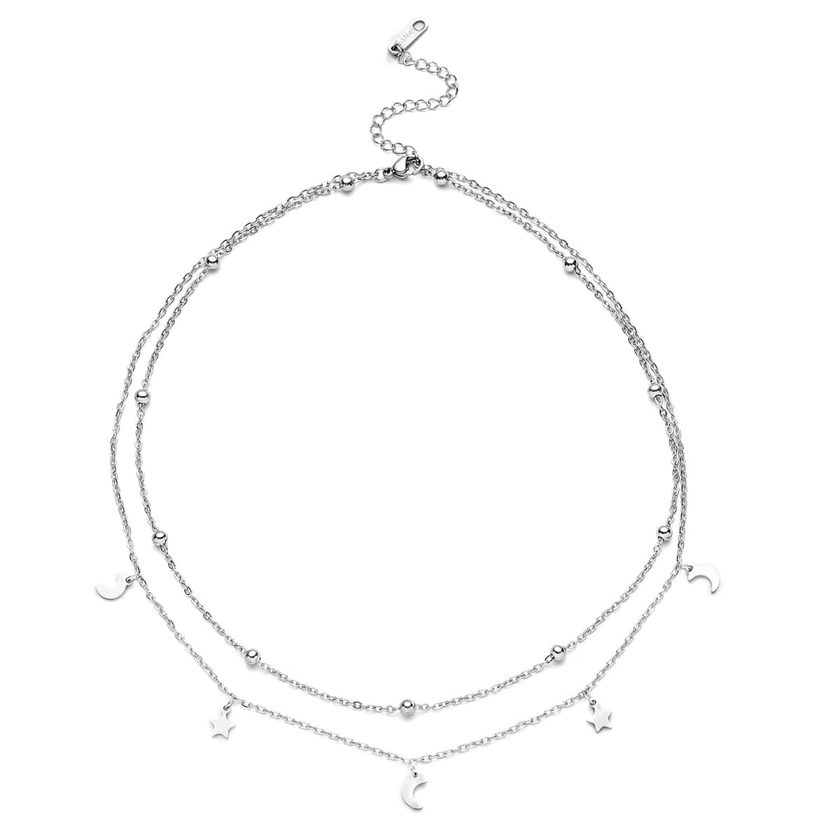 Crescent Moon and Star Charm Layered Necklace 15-17 Inches in Stainless Steel image number 0