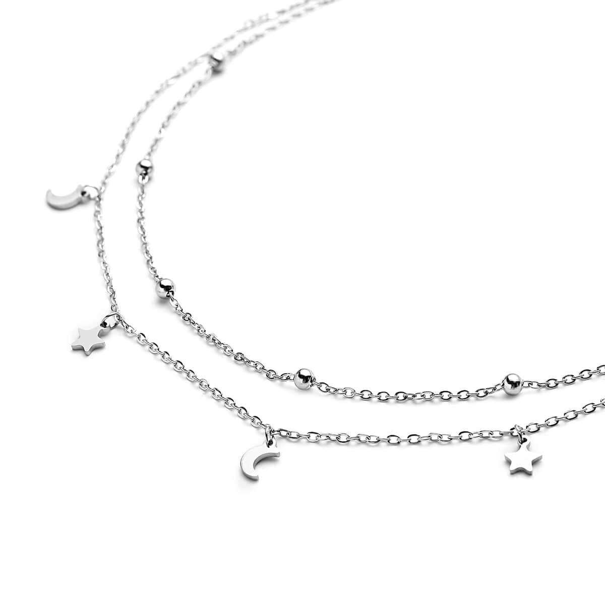 Crescent Moon and Star Charm Layered Necklace 15-17 Inches in Stainless Steel image number 2