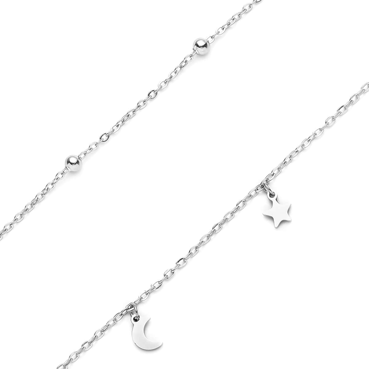 Crescent Moon and Star Charm Layered Necklace 15-17 Inches in Stainless Steel image number 3
