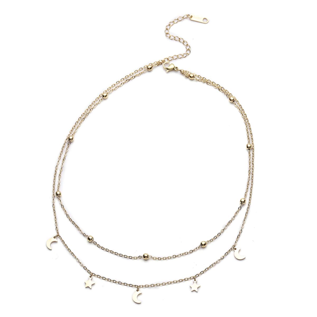 Crescent Moon and Star Charm Layered Necklace 15-17 Inches in ION Plated Yellow Gold Stainless Steel image number 0