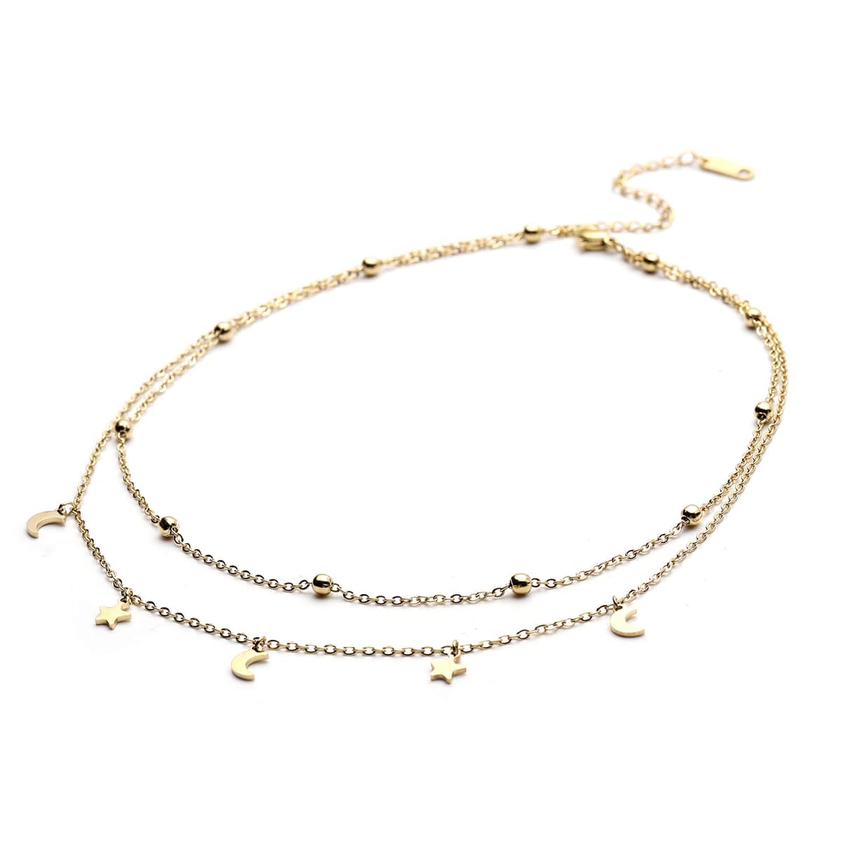 Crescent Moon and Star Charm Layered Necklace 15-17 Inches in ION Plated Yellow Gold Stainless Steel image number 2
