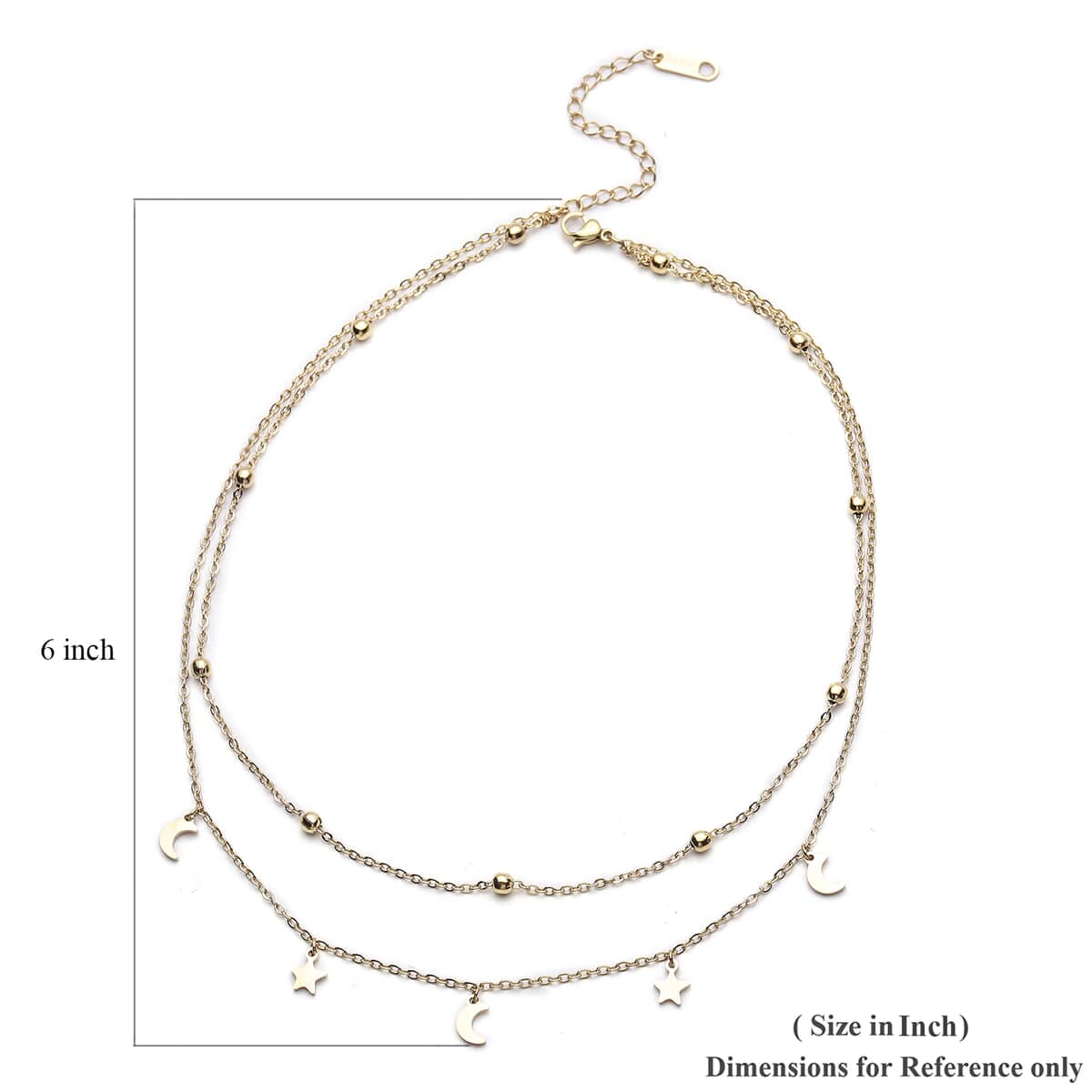 Crescent Moon and Star Charm Layered Necklace 15-17 Inches in ION Plated Yellow Gold Stainless Steel image number 4