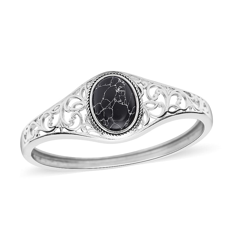 Black Howlite Bangle Bracelet in Stainless Steel (7.00 In) 12.50 ctw