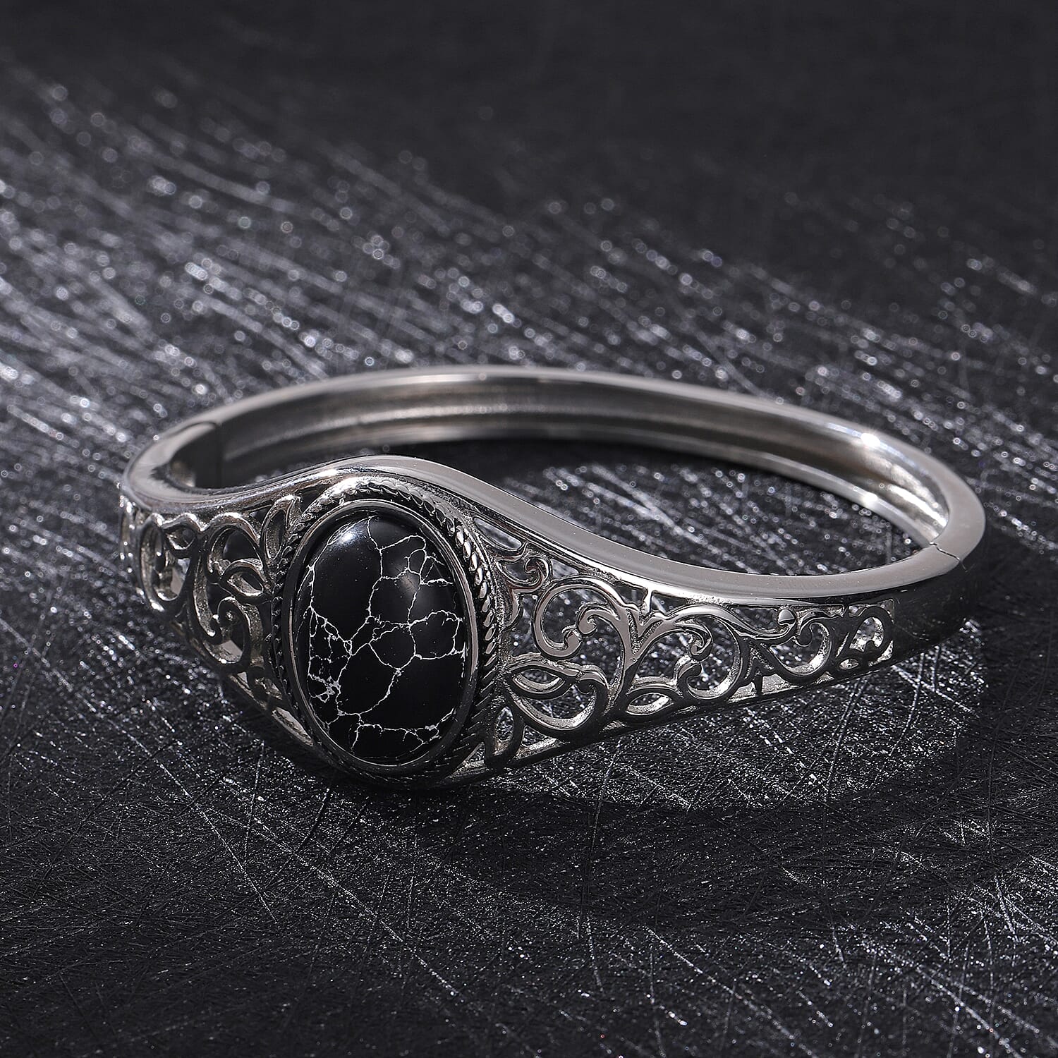 Black Howlite Bangle Bracelet in Stainless Steel (7.00 In) 12.50 ctw