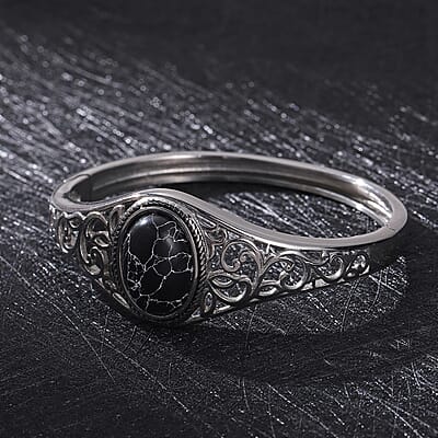 Black Howlite Bangle Bracelet in Stainless Steel (7.00 In) 12.50 ctw