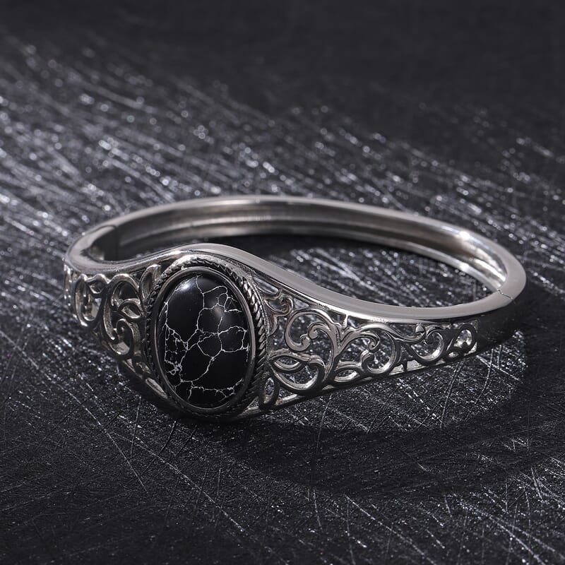 Black Howlite Bangle Bracelet in Stainless Steel (7.00 In) 12.50 ctw
