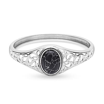 Black Howlite Bangle Bracelet in Stainless Steel (7.00 In) 12.50 ctw