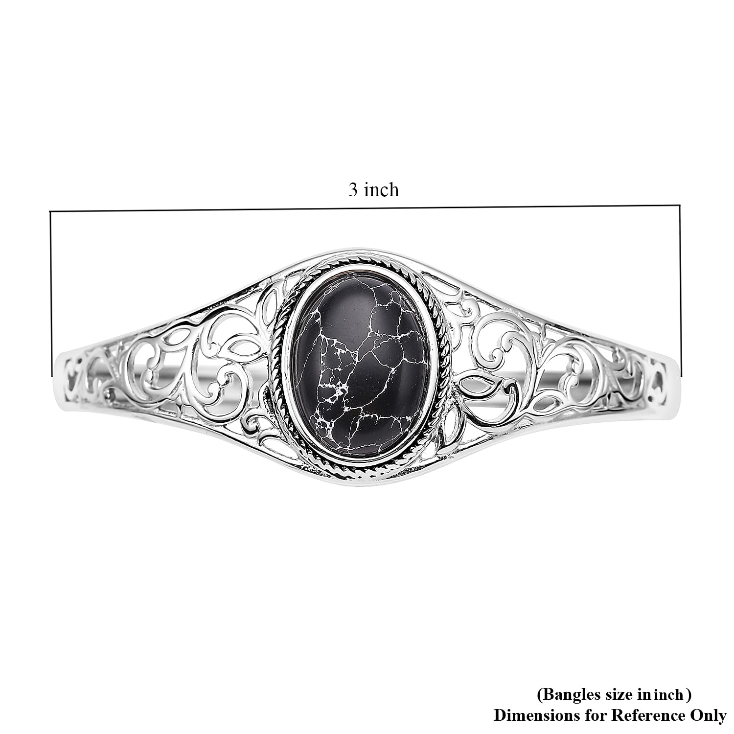Black Howlite Bangle Bracelet in Stainless Steel (7.00 In) 12.50 ctw
