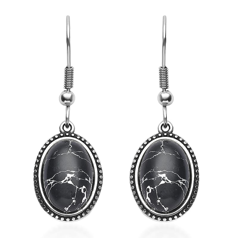 Black Howlite Dangle Earrings in Stainless Steel 6.20 ctw