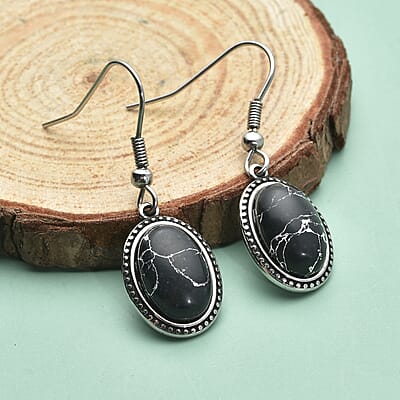 Black Howlite Dangle Earrings in Stainless Steel 6.20 ctw