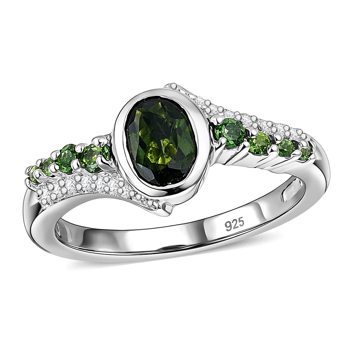 Chrome Diopside and White Zircon 1.40 ctw Ring in Platinum Over Sterling Silver (Size 6.5)