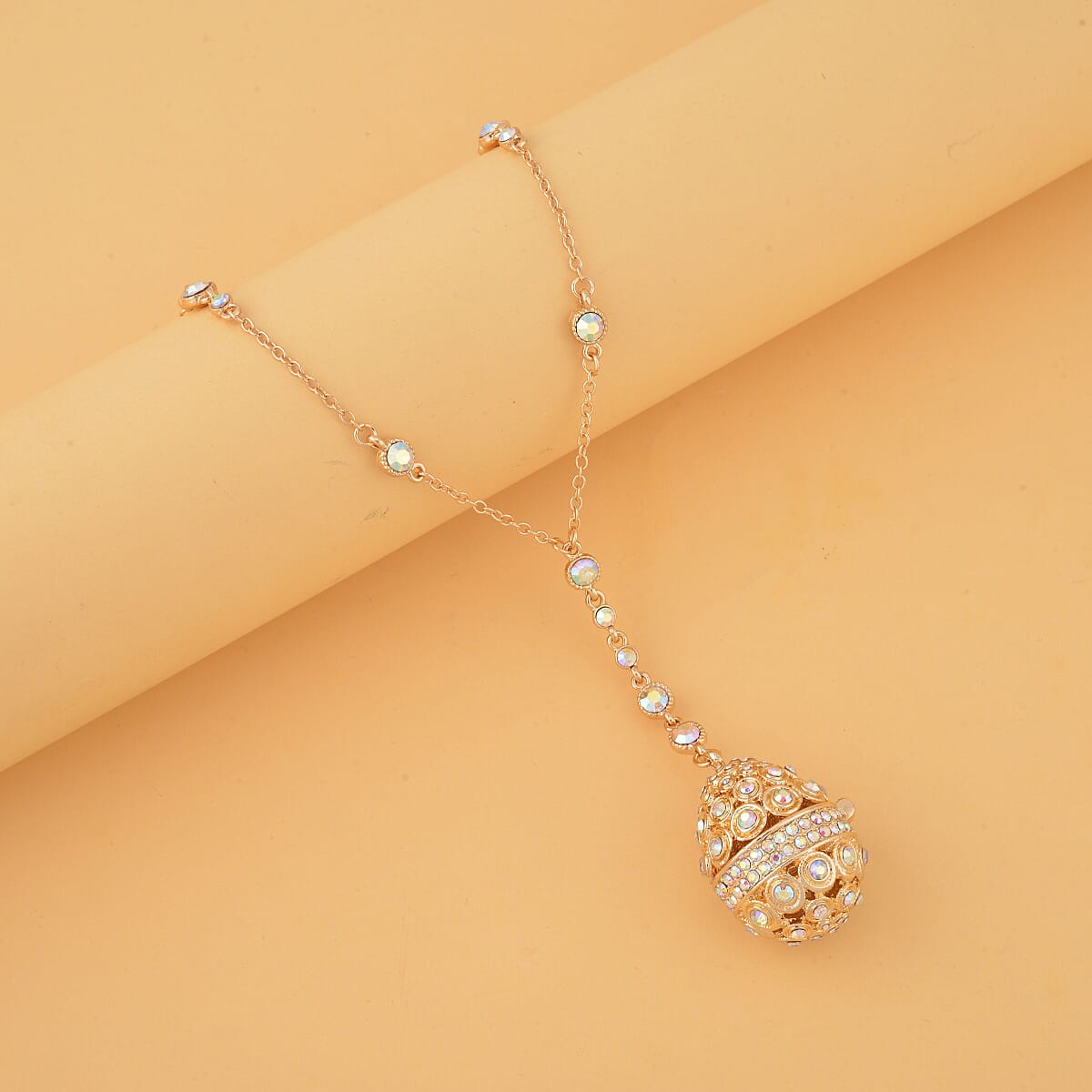 Aurora Borealis Austrian Crystal Easter Egg Necklace 23.5 Inches in Goldtone image number 1