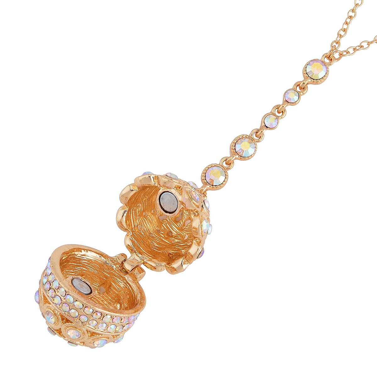 Aurora Borealis Austrian Crystal Easter Egg Necklace 23.5 Inches in Goldtone image number 3